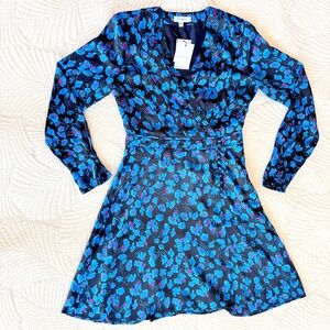 NWT Equipment Flowy Feminine Collie Faux Wrap Blue Floral Mini Dress Size S
